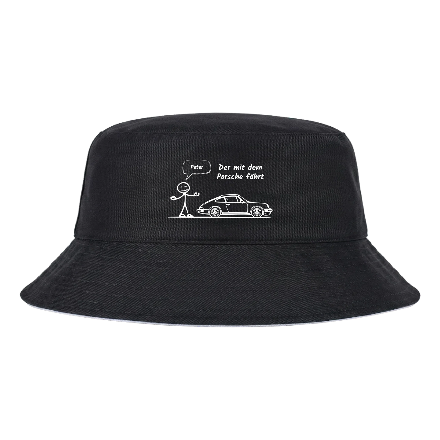 Personalisiertes Auto-Bucket Hat „Der mit dem Porsche fährt“